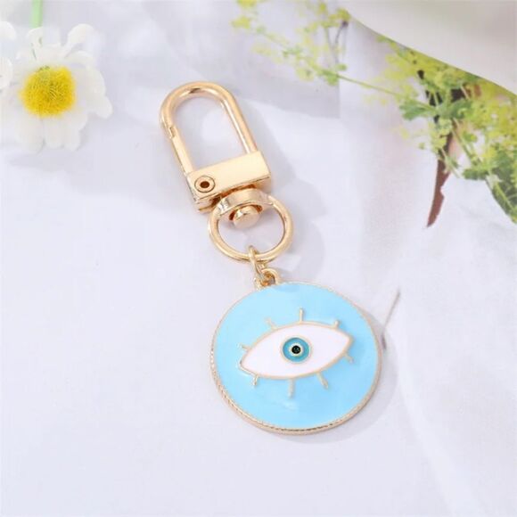 Round Evil Eye Keychain Key Ring light blue and white NWT Zinc Alloy - Picture 1 of 5